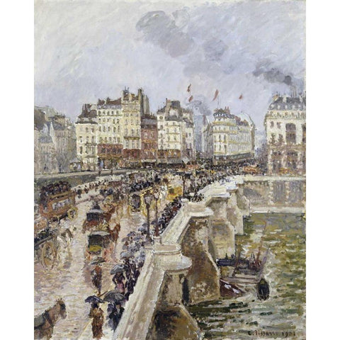 The Pont Neuf On a Rainy Afternoon Gold Ornate Wood Framed Art Print with Double Matting by Pissarro, Camille