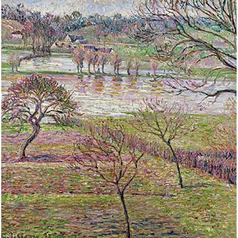 The Flood at Eragny Black Modern Wood Framed Art Print with Double Matting by Pissarro, Camille