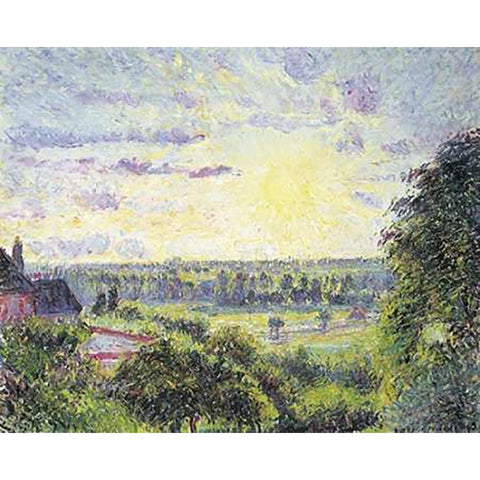 Sunset at Eragny Black Modern Wood Framed Art Print with Double Matting by Pissarro, Camille