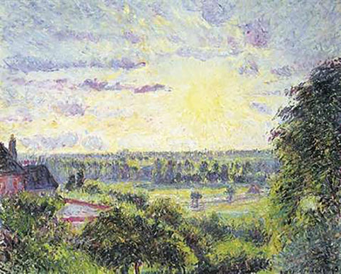 Sunset at Eragny Black Ornate Wood Framed Art Print with Double Matting by Pissarro, Camille