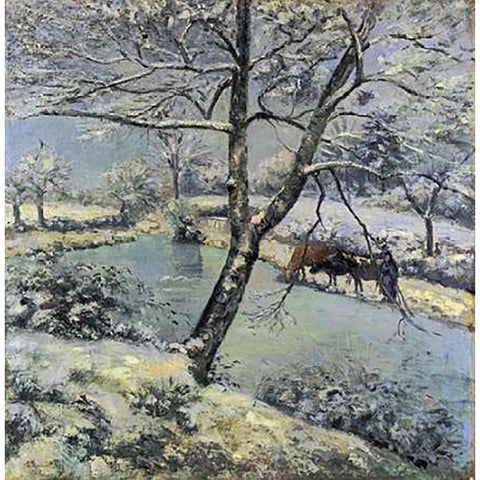 Winter at Montfoucault with Snow, 1875 White Modern Wood Framed Art Print by Pissarro, Camille