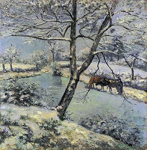 Winter at Montfoucault with Snow, 1875 White Modern Wood Framed Art Print with Double Matting by Pissarro, Camille