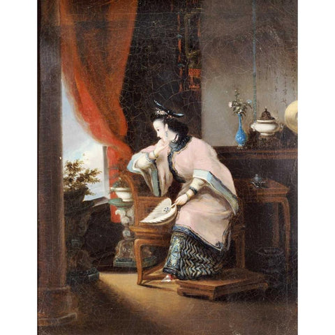A Chinese Girl Seated White Modern Wood Framed Art Print by Qua, Lam