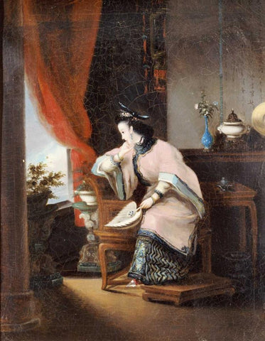 A Chinese Girl Seated Black Ornate Wood Framed Art Print with Double Matting by Qua, Lam