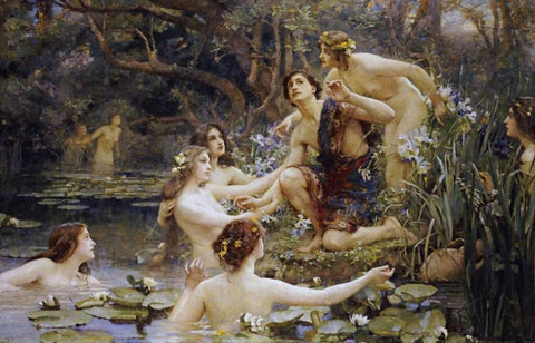Hylas and The Water Nymphs Black Ornate Wood Framed Art Print with Double Matting by Rae, Henrietta