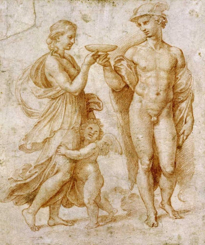 Mercury Offering The Cup of Immortality To Psyche Black Ornate Wood Framed Art Print with Double Matting by Raphael