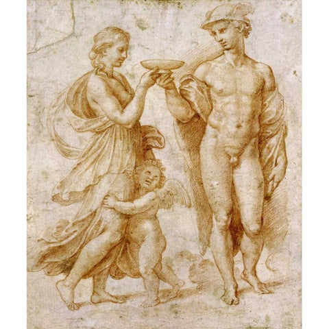 Mercury Offering The Cup of Immortality To Psyche Black Modern Wood Framed Art Print by Raphael