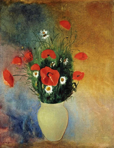 Poppies and Daisies White Modern Wood Framed Art Print with Double Matting by Redon, Odilion