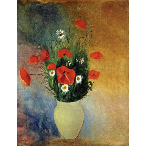 Poppies and Daisies Black Modern Wood Framed Art Print by Redon, Odilion