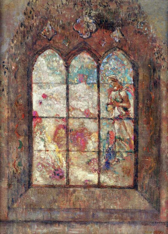 The Stained Glass Window White Modern Wood Framed Art Print with Double Matting by Redon, Odilion