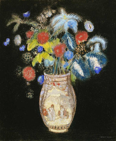 Large Bouquet on a Black Background Black Ornate Wood Framed Art Print with Double Matting by Redon, Odilion