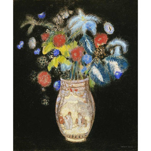 Large Bouquet on a Black Background White Modern Wood Framed Art Print by Redon, Odilion