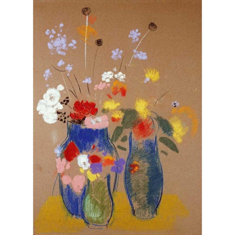 Three Vases of Flowers Black Modern Wood Framed Art Print with Double Matting by Redon, Odilion