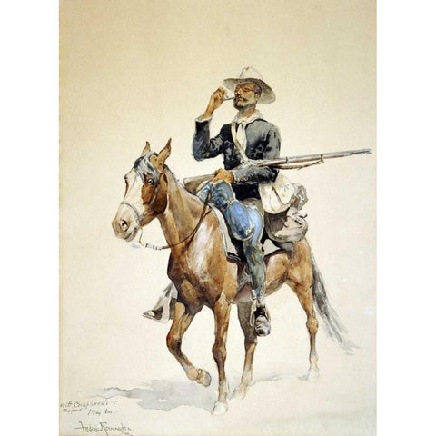 A Mounted Infantryman Black Modern Wood Framed Art Print by Remington, Frederic