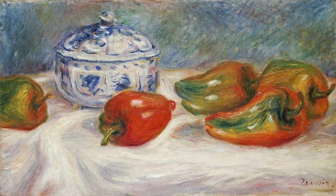 Still Life With a Blue Sugar Bowl and Peppers Black Ornate Wood Framed Art Print with Double Matting by Renoir, Pierre-Auguste