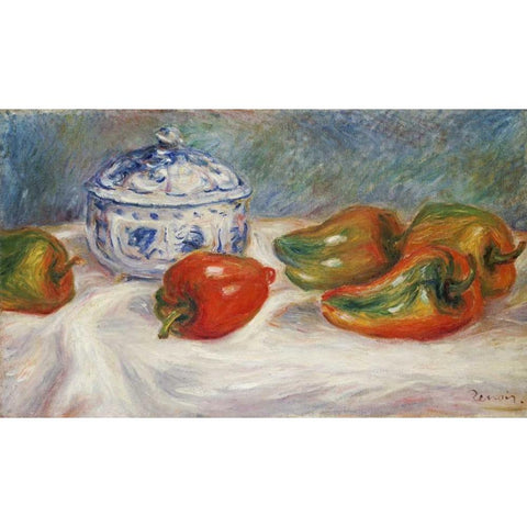 Still Life With a Blue Sugar Bowl and Peppers Black Modern Wood Framed Art Print with Double Matting by Renoir, Pierre-Auguste