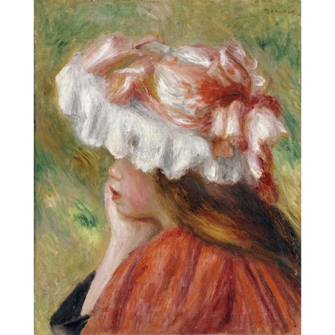 Head of a Young Girl In a Red Hat Gold Ornate Wood Framed Art Print with Double Matting by Renoir, Pierre-Auguste