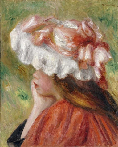 Head of a Young Girl In a Red Hat White Modern Wood Framed Art Print with Double Matting by Renoir, Pierre-Auguste