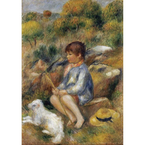 Young Boy By a Brook White Modern Wood Framed Art Print by Renoir, Pierre-Auguste