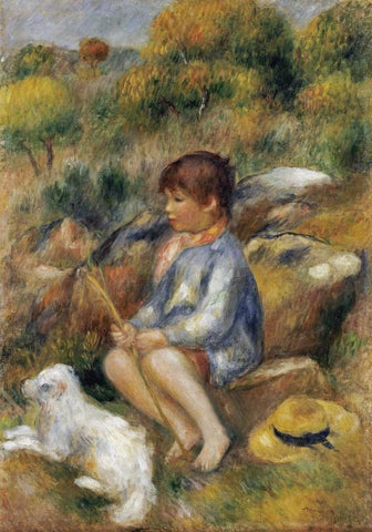 Young Boy By a Brook Black Ornate Wood Framed Art Print with Double Matting by Renoir, Pierre-Auguste