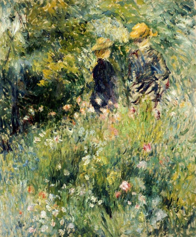 Conversation Dans Une Roseraie White Modern Wood Framed Art Print with Double Matting by Renoir, Pierre-Auguste