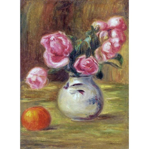 Vase de roses et orange Gold Ornate Wood Framed Art Print with Double Matting by Renoir, Pierre-Auguste
