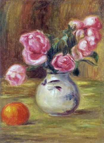 Vase de roses et orange White Modern Wood Framed Art Print with Double Matting by Renoir, Pierre-Auguste
