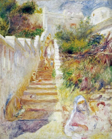 The Steps, Algiers White Modern Wood Framed Art Print with Double Matting by Renoir, Pierre-Auguste