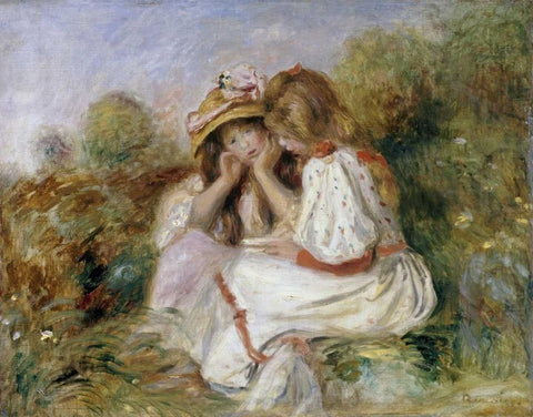 Deux Fillettes Black Ornate Wood Framed Art Print with Double Matting by Renoir, Pierre-Auguste