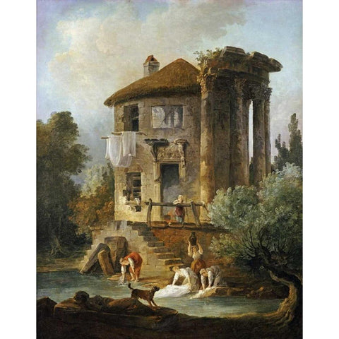 Washerwomen Outside The Temple of The Sibyl, Tivoli White Modern Wood Framed Art Print by Robert, Hubert