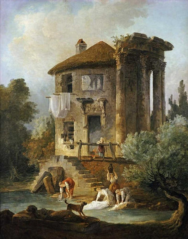 Washerwomen Outside The Temple of The Sibyl, Tivoli White Modern Wood Framed Art Print with Double Matting by Robert, Hubert