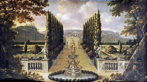 An Imaginary View of The Gardens of a Mansion Black Ornate Wood Framed Art Print with Double Matting by Robinson, Robert