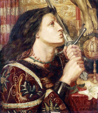 Joan of Arc Kissing The Sword of Deliverance Black Ornate Wood Framed Art Print with Double Matting by Rossetti, Dante Gabriel