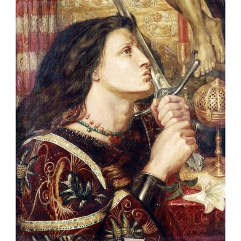 Joan of Arc Kissing The Sword of Deliverance Gold Ornate Wood Framed Art Print with Double Matting by Rossetti, Dante Gabriel