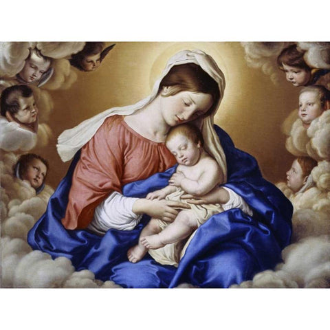 The Madonna and Child In Glory With Cherubs Black Modern Wood Framed Art Print with Double Matting by Salvi, Giovanni Battista