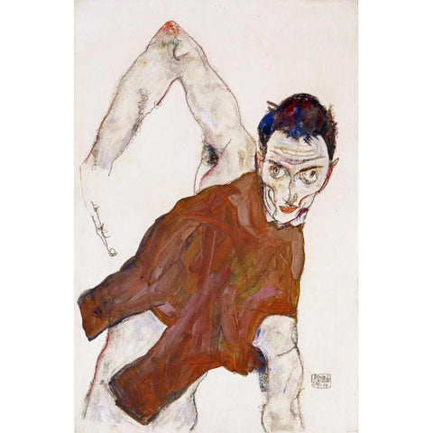 Self Portrait In a Jerkin Gold Ornate Wood Framed Art Print with Double Matting by Schiele, Egon