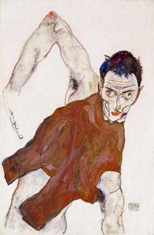 Self Portrait In a Jerkin White Modern Wood Framed Art Print with Double Matting by Schiele, Egon