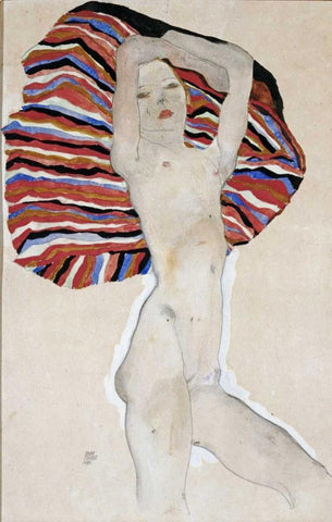 Nude with Colored Fabric, 1911 White Modern Wood Framed Art Print with Double Matting by Schiele, Egon