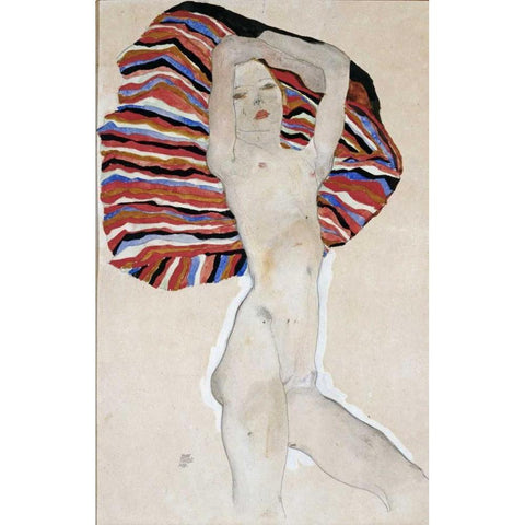 Nude with Colored Fabric, 1911 Black Modern Wood Framed Art Print with Double Matting by Schiele, Egon