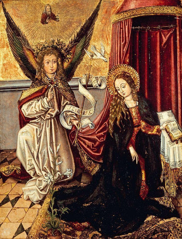 The Annunciation White Modern Wood Framed Art Print with Double Matting by Schongauer, Martin