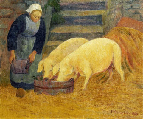 A Young Girl Feeding Two Pigs White Modern Wood Framed Art Print with Double Matting by Serusier, Paul
