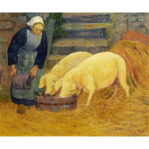A Young Girl Feeding Two Pigs White Modern Wood Framed Art Print by Serusier, Paul