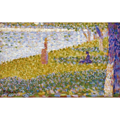 Women On The River Bank White Modern Wood Framed Art Print by Seurat, Georges