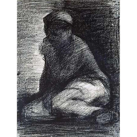 A Young Man Crouching White Modern Wood Framed Art Print by Seurat, Georges