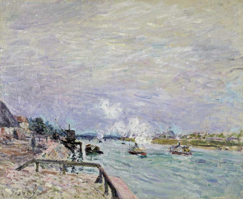 The Seine at Grenelle - Wet Weather Black Ornate Wood Framed Art Print with Double Matting by Sisley, Alfred