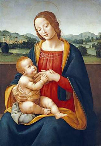 Madonna and Child Before a Landscape White Modern Wood Framed Art Print with Double Matting by Sogliani, Giovanni