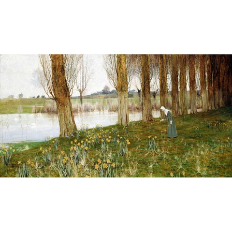 The Amber Vale, a Host of Golden Daffodils Gold Ornate Wood Framed Art Print with Double Matting by Sowerby, John George
