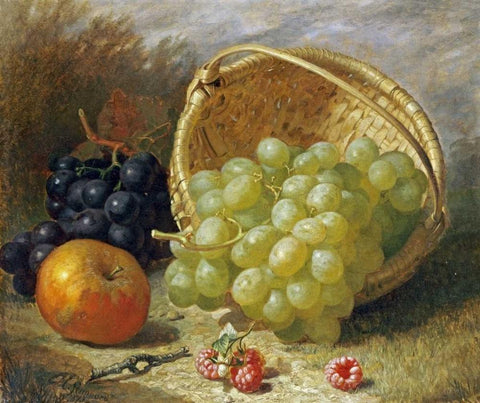 An Upturned Basket of Grapes, An Apple and Other Fruit Black Ornate Wood Framed Art Print with Double Matting by Stannard, Eloise Harriet