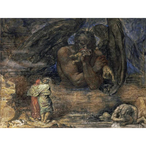 Dante and Virgil Encounter Lucifer In Hell Black Modern Wood Framed Art Print with Double Matting by Stock, Henry John