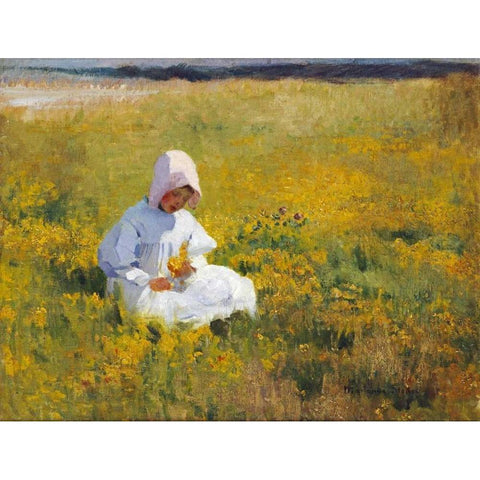 A Young Girl Picking Flowers White Modern Wood Framed Art Print by Stokes, Marianne